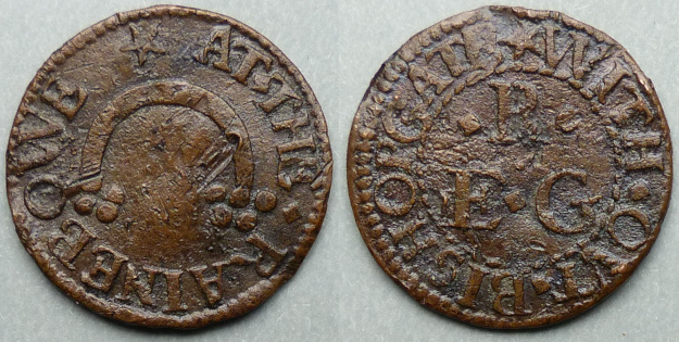 Bishopsgate Without, E R (G) AT THE RAINEBOWE farthing Bishopsgate Without, E R (G) AT THE RAINEBOWE farthing